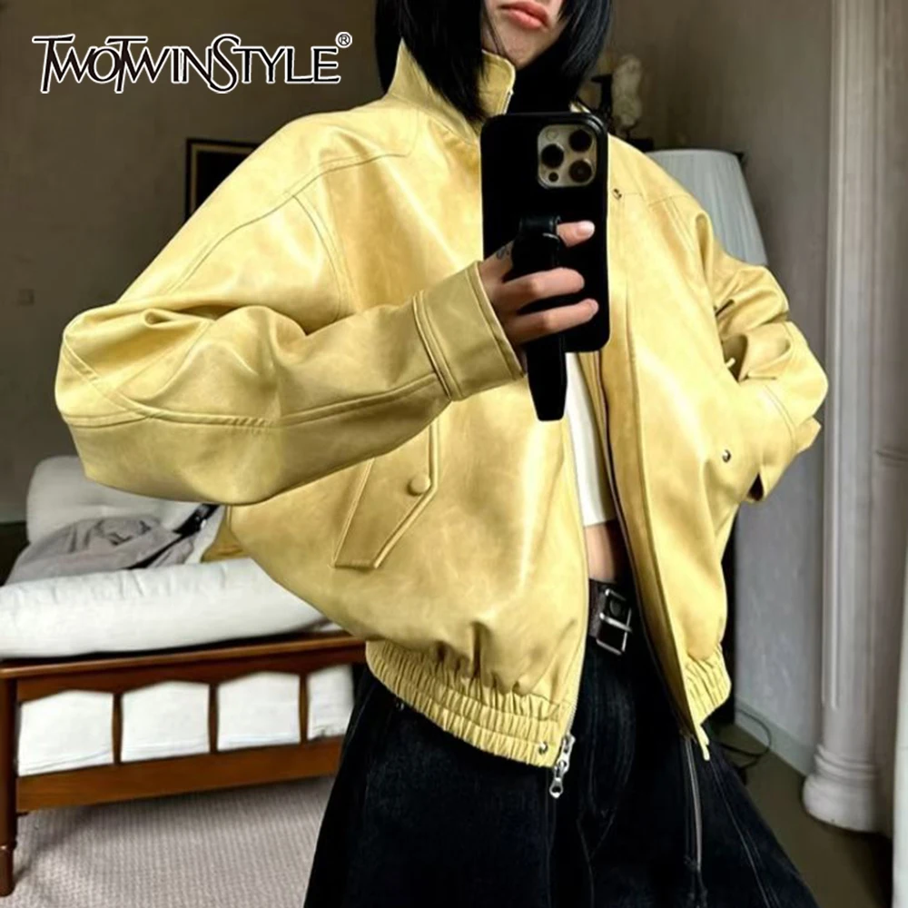 

TWOTWINSTYLE Solid Spliced Pocket Chic Leather Jacket Female Turtleneck Long Sleeve Loose Cool Women's Jackets Autumn Fashion