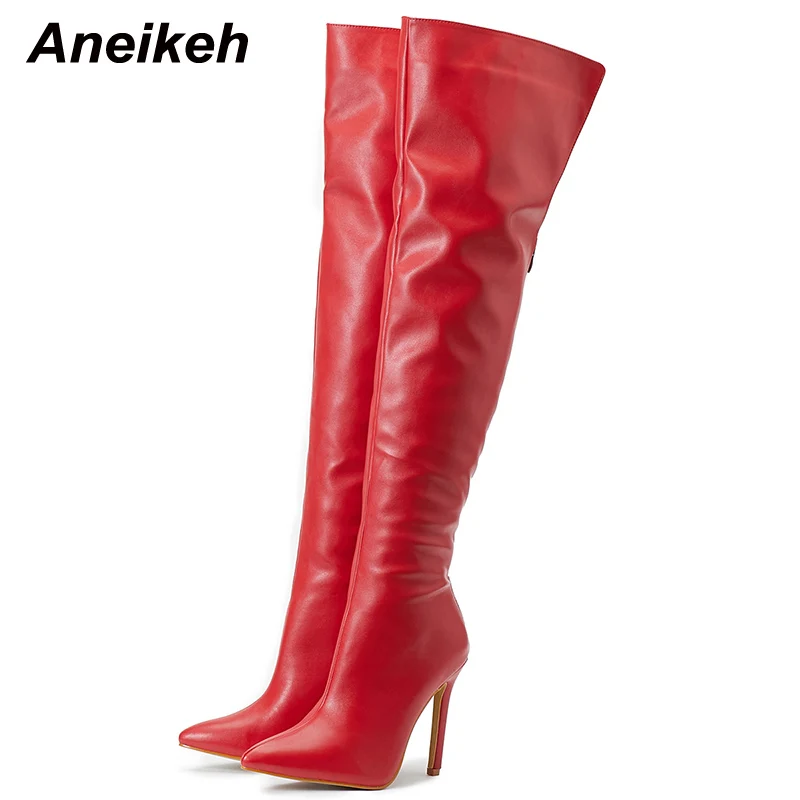 Aneikeh 2024 New Long Shoes for Women Over the Knee Sexy Pointed Toe Thin High Heel Solid PU Modern Boots Bottine Femme Talon