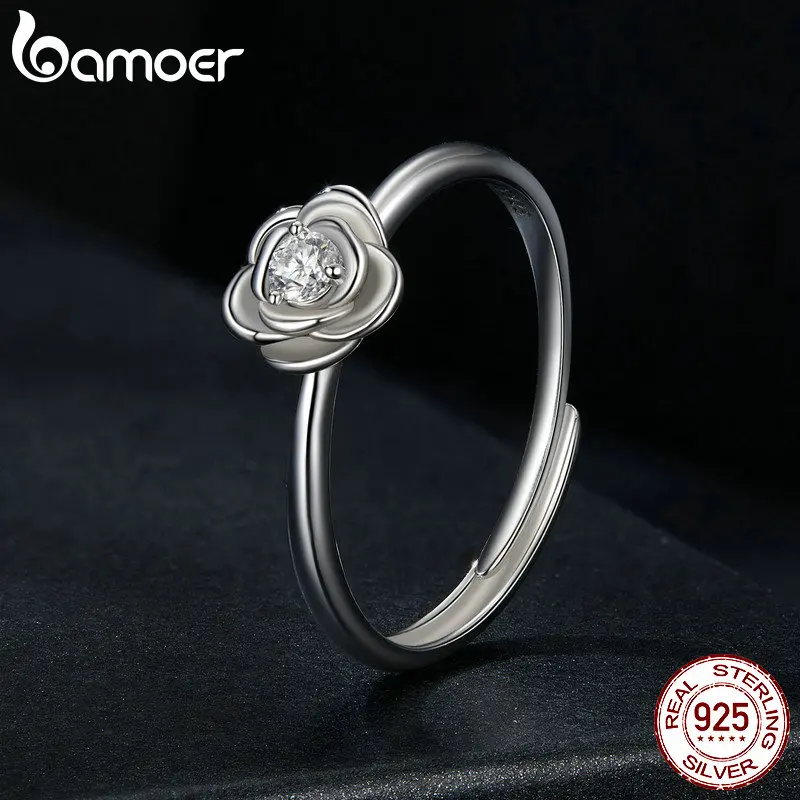 BAMOER Flower Moissanite Engagement Rings for Women, 925 Sterling Silver Big Flower Shaped Moissanite Halo Ring MSR054-E