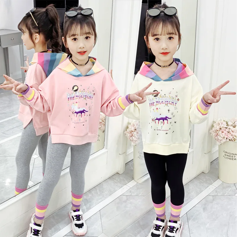 

2023 Korean Spring Autumn Children Girl Two Piece Hooded Set Pure Cotton Casual Primary School Top Fitting Pullover Sweater