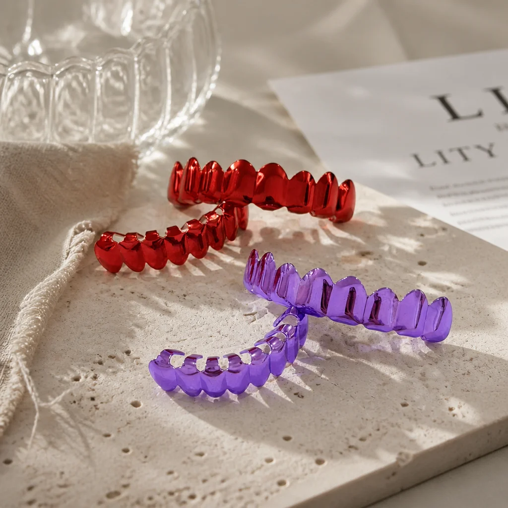 Hip-Hop Color Eight-Tooth Braces, The Same Style As The Celebrity's Metal Electroplated Teeth, Suitable For Both Men And Women.