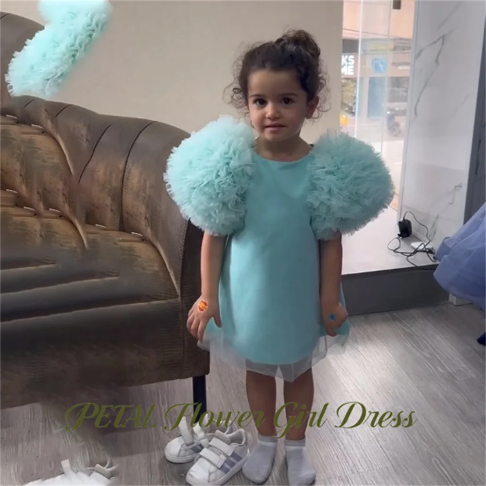 Petal Mint Blue Princess Girls Dress Round Neck Short Sleeve First Communion Gown Children Birthday Wedding Dresses