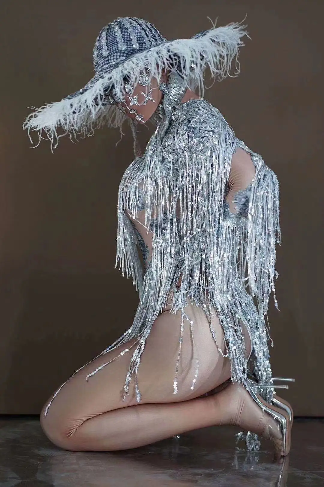 Sparkly Sequin Fringes Bodysuit HatPerformance Costume Women One-pieceDance Wear Singer Stage Leotard RaveFestival Clothing