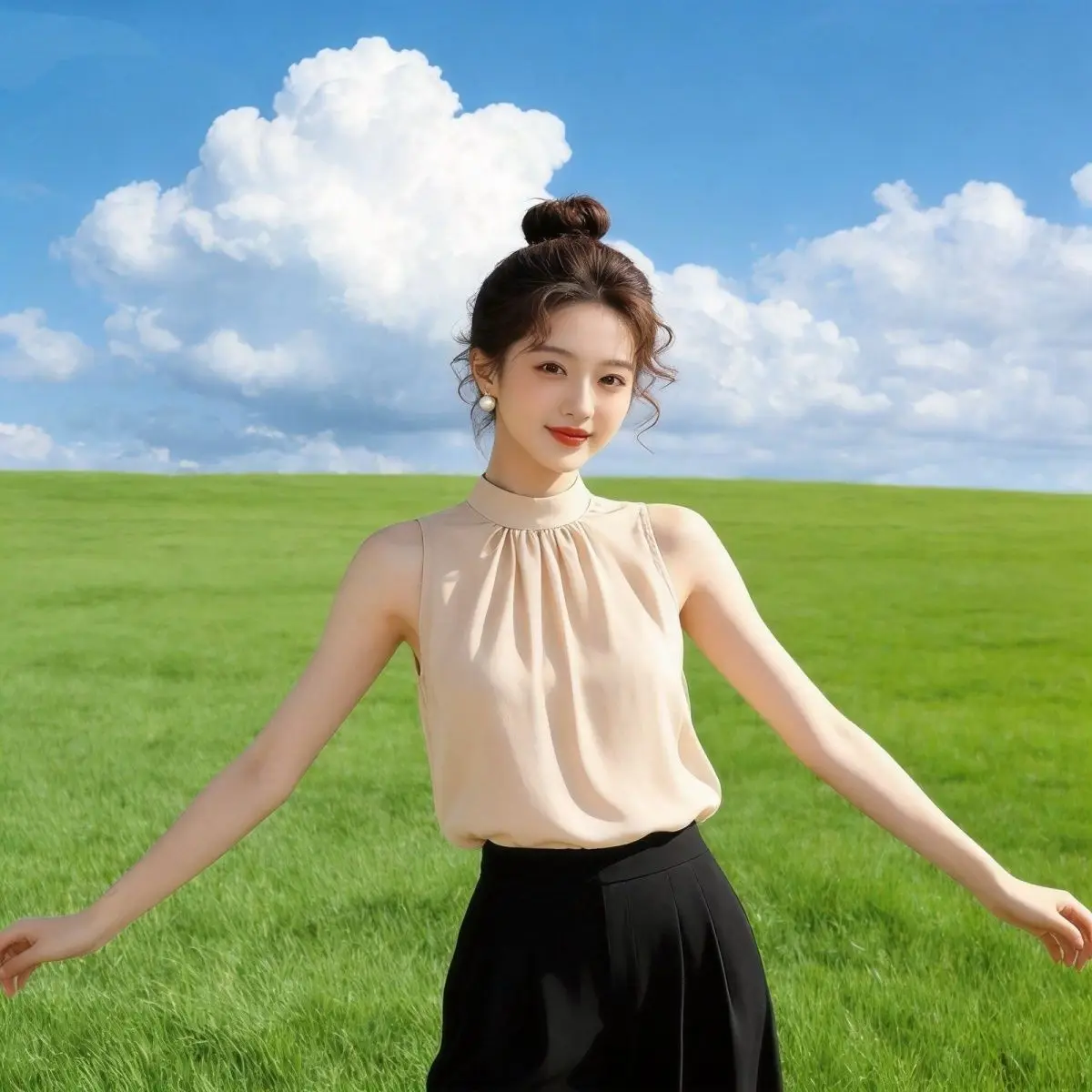 

Women's Sleeveless Chiffon Shirt Summer New Style Korean Fashion Simple Loose Versatile Shirt Vest Pink Color
