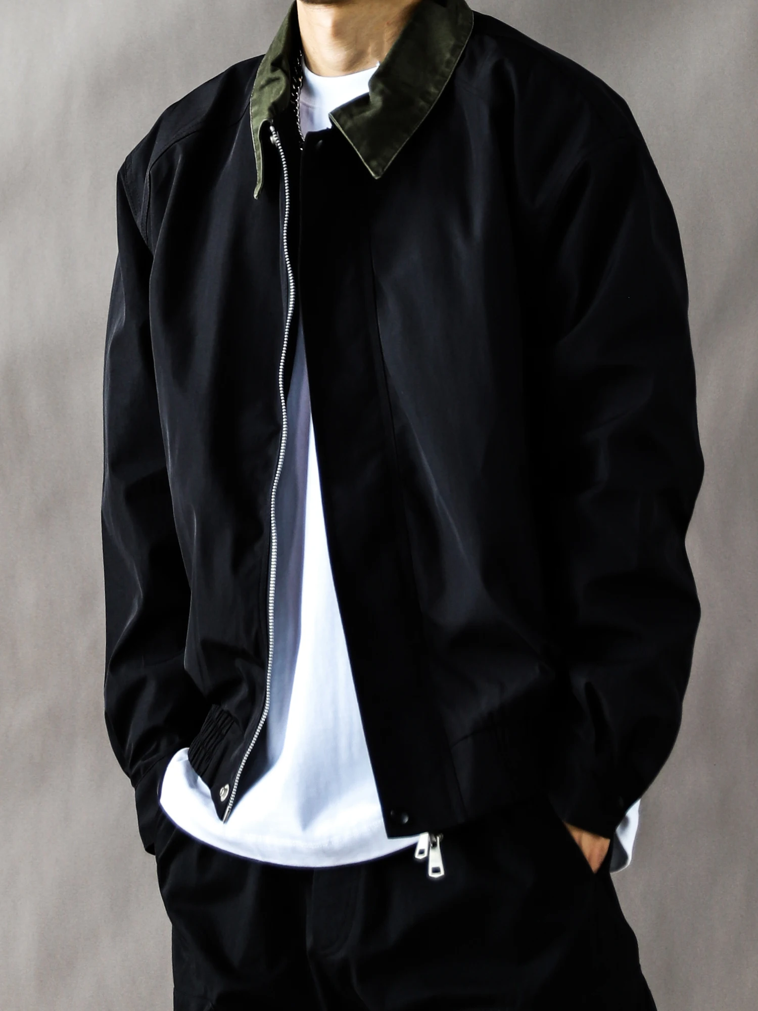 

Retro Japanese Sle Fake Two-Piece Jaet Men's Spring Autumn Loose Casual Bla High Street Sle Polyester Long Sve Zip...