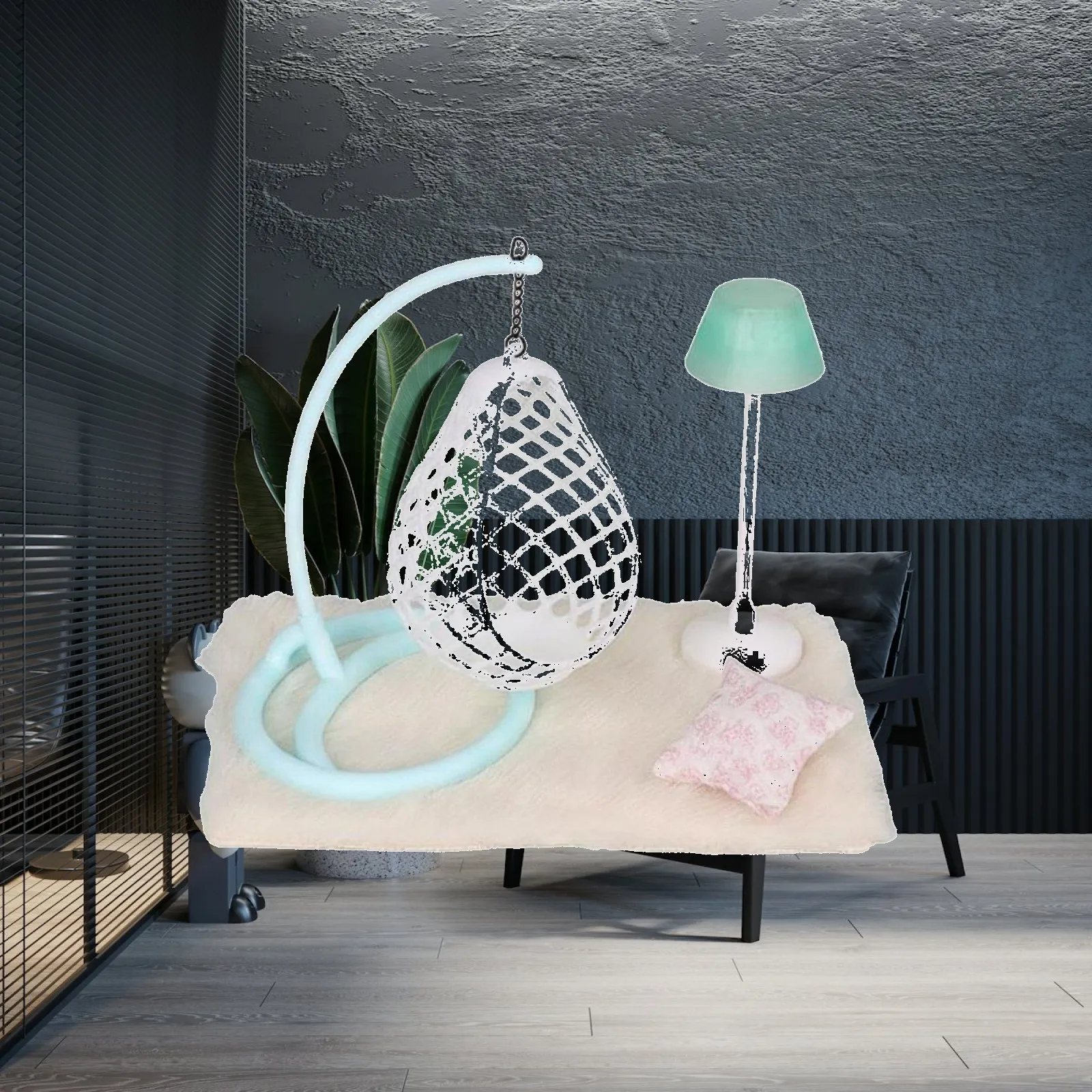 Miniature Hanging Seat Modern Dollhouse Swing Chair Set Floor Lamp Carpet Pillow for 1 6 Accessories