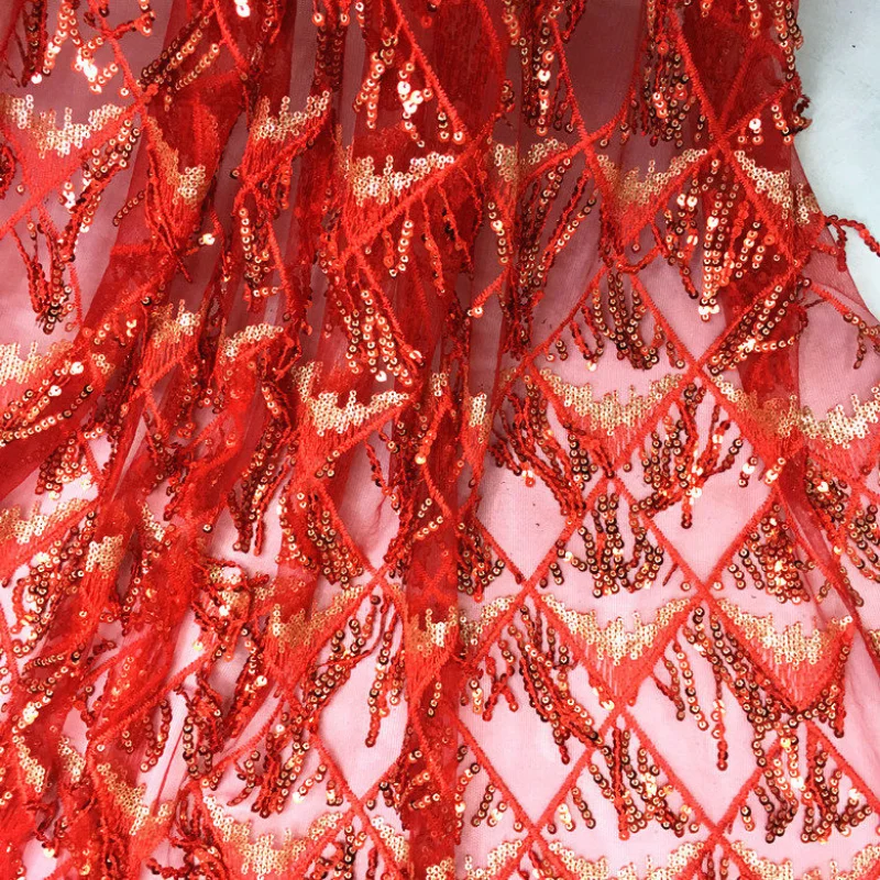 

Grid Embroidery Tassel Sequin Mesh Fabric for DIY Sewing Wedding Dress Performance Dance Costumes Material Cloth By The Meter