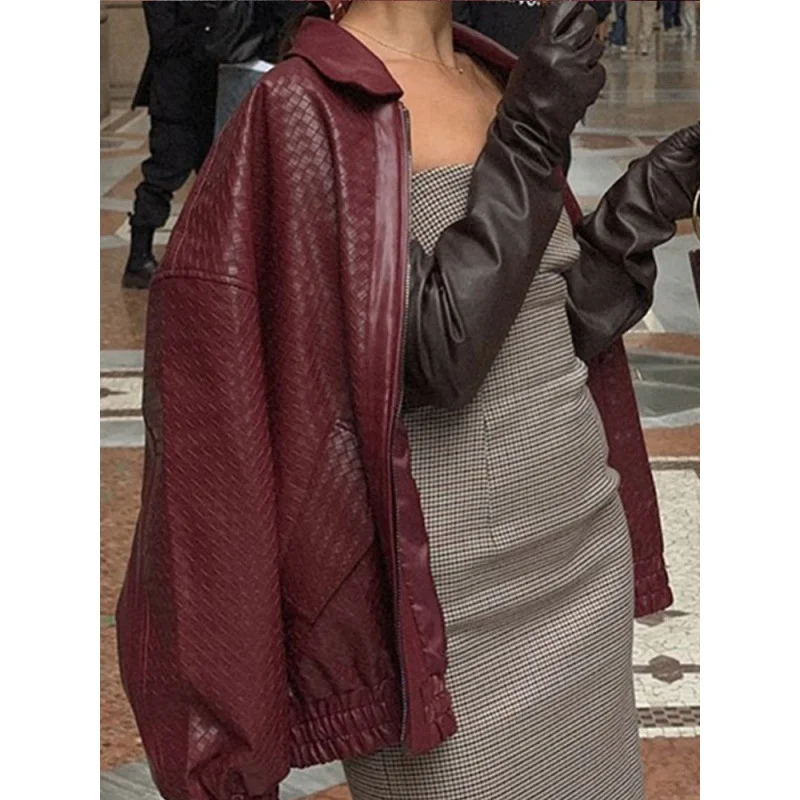 Faionable Color Zipper Leather Jaet Street Sle Retro New Model Hot S Damen Loose Fit Long Sve Collar