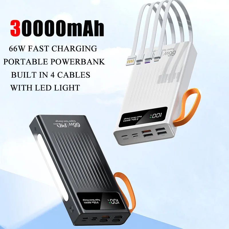 

30000 мАч Power Bank большой емкости 66 Вт сверхбыстрая зарядка с кабелями внешний аккумулятор для iPhone Samsung Xiaomi Powerbank