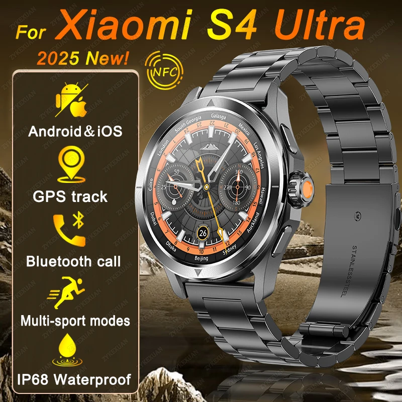 For Xiaomi S4 Ultra Outdoor Sports Smart Watch Men AMOLED Screen NFC GPS Compass Heart rate Waterproof Bluetooth Call SmartWatch