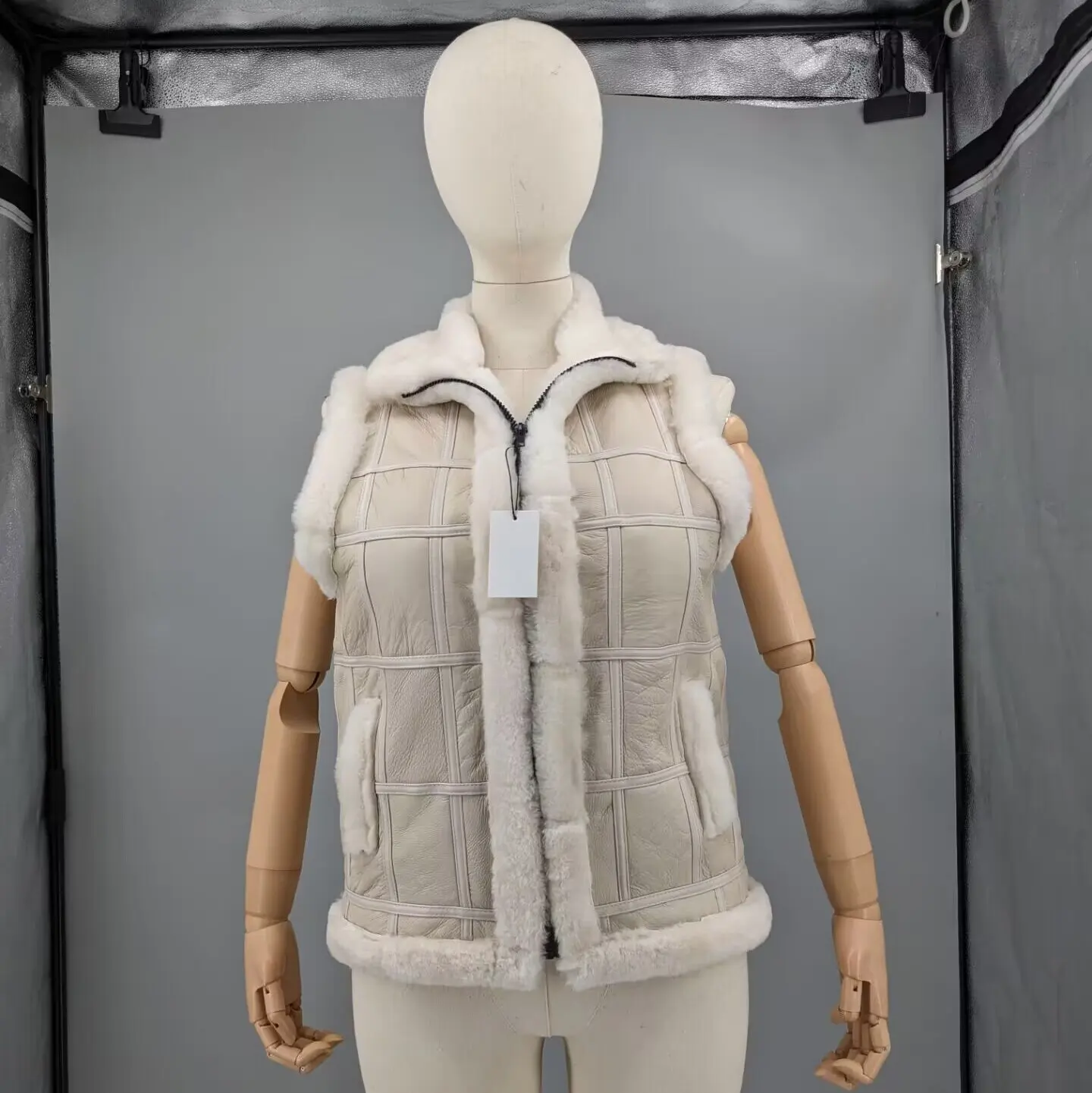 Women Cream Real Sheepskin Shearling Patchwork Vest Stand Collar Zip Side Pocket Warm Winter Sleeveless Waistcoat Outerwear30823