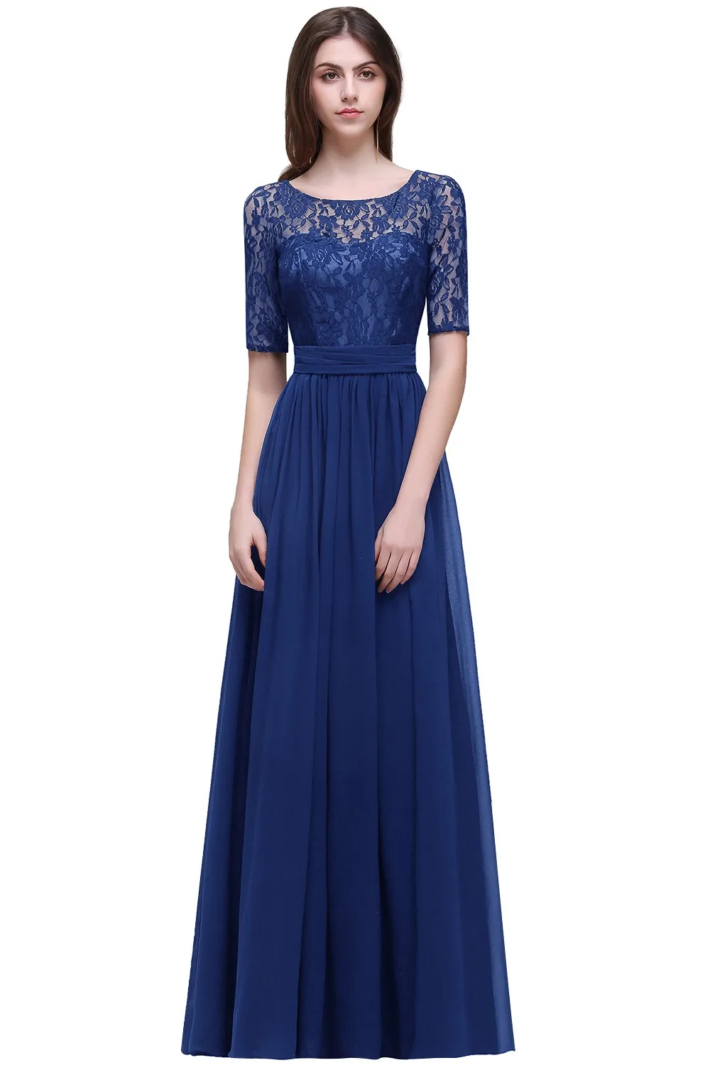 Navy Blue Lace Chiffon Bridesmaid Dresses Long Scoop Neck Half Sleeve Burgundy Formal Wedding Party Prom Gowns Vestido De Fiesta