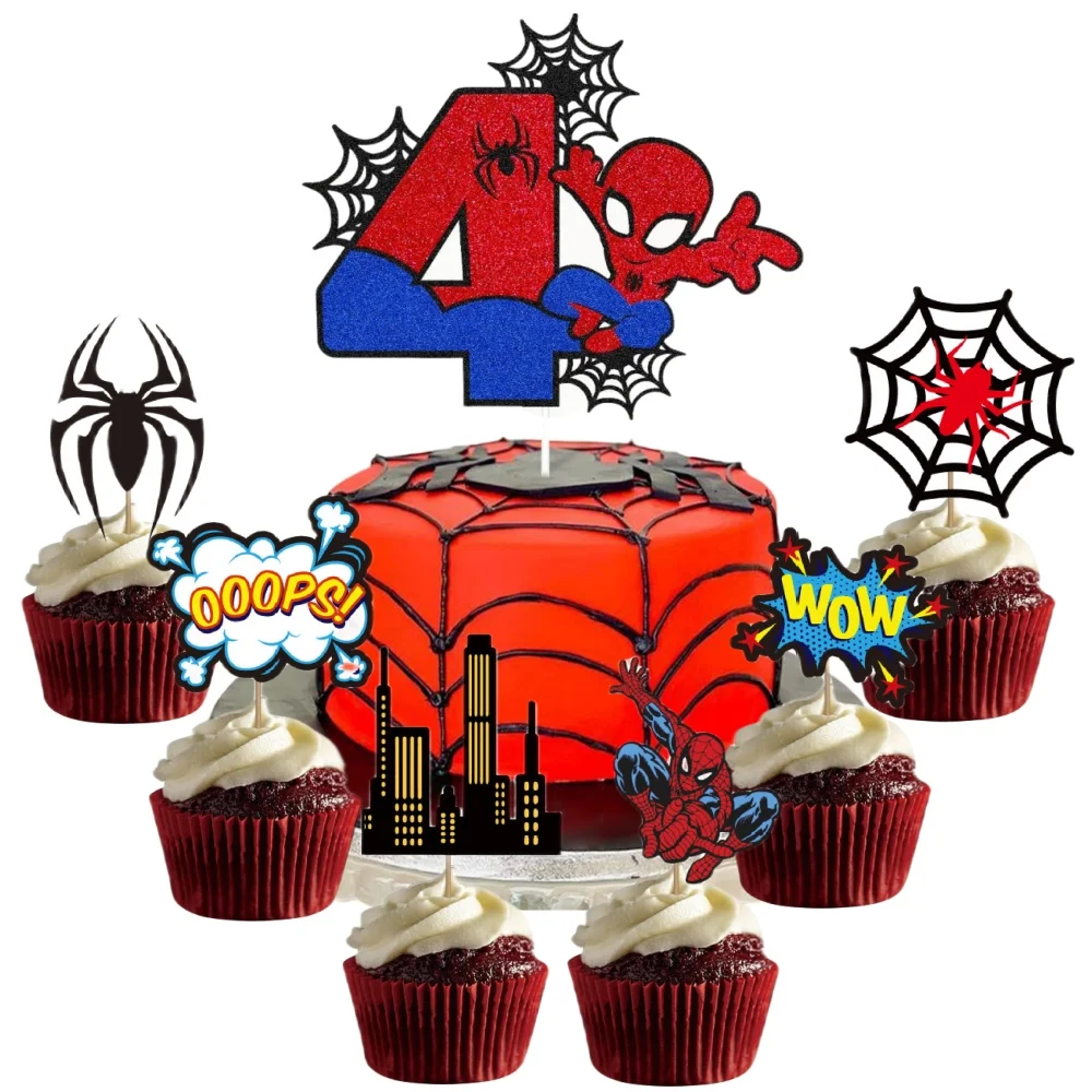 Spiderman 4th Birthday Cake Toppers Cartoon Spider Themed CupCake Decor Party Supplies for Kids Birthday Baby Shower Decorations