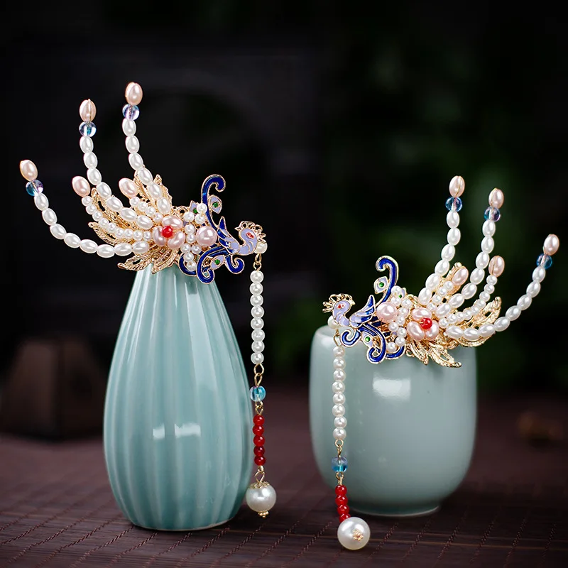 Festive Retro Hanfu Headwear Tassel Edge Clip Phoenix Pearl Hair Clip for Women