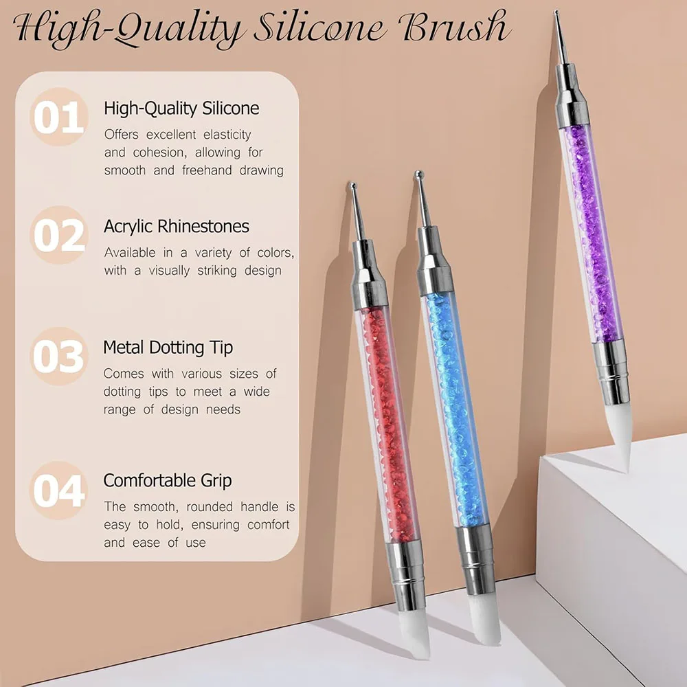 5종 세트 양면 네일 아트 펜 멀티 플라워 만들기 실리콘 브러쉬 아크릴 라인스톤 핸들 조형 도트 페인팅