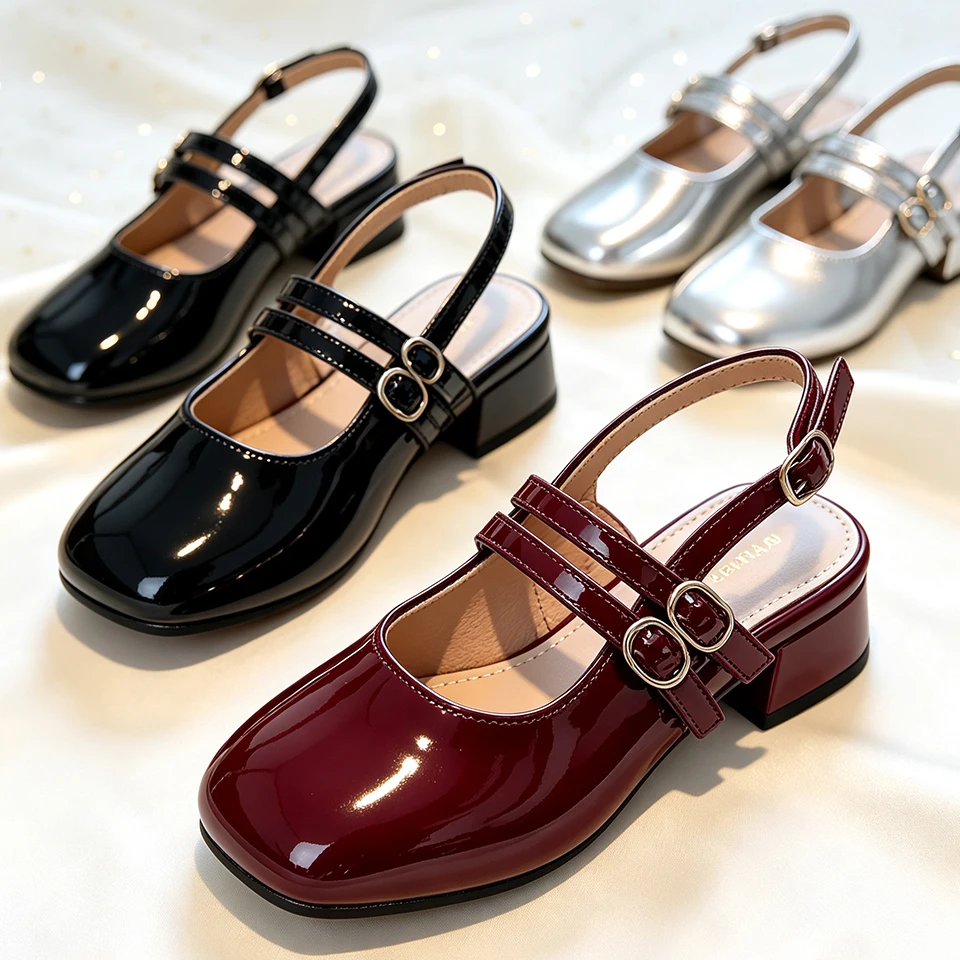 Slingback Heel Formal - รองเท้าส้นสูงแบบสลิงแบ็คหนังแฟชั่นสำหรับเด็กผู้หญิง รองเท้าแมรี่เจนสำหรับงานทางการ งานประกวด งานแต่งงาน พื้นรองเท้าด้านนอกหรูหรา สไตล์เจ้าหญิง