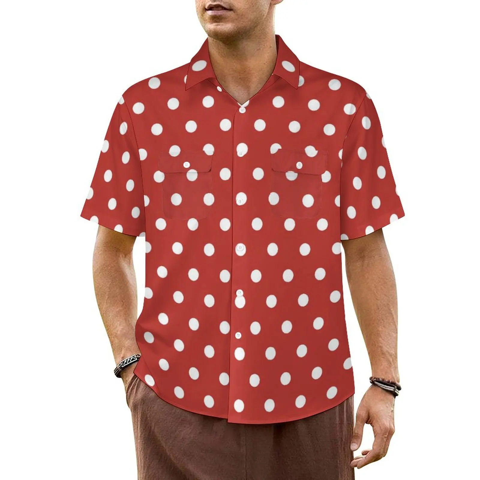 

Retro Polka Dots Hawaii Shirt For Man Beach Red And White Casual Shirts Short Sleeve Breathable Custom Classic Plus Size Blouses