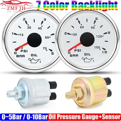 Auto Car 7 Color Backlight 0~5 Bar 0-10Bar Oil Pressure Meter with Sensor 52mm Oil Pressure Gauge+Sensor RV Marine Boat 12V24V