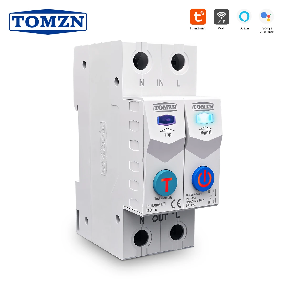 

TOMZN TUYA 1-63A TOMZN 2P WIFI Smart Switch Energy Meter Circuit Breaker voltage current leakage protection Relay cut off L+N