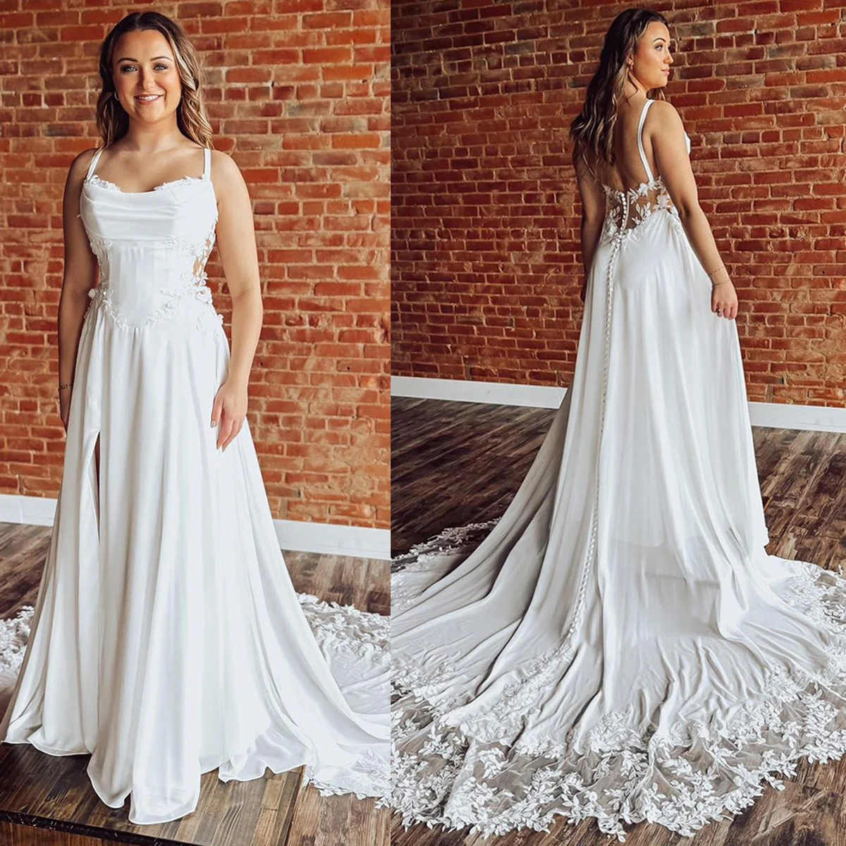 Basque Waist Sweetheart Elegant Chiffon Bridal Gowns Scalloped Train Unique Sheer Back Appliqued Elegant High Slit Wedding Dress