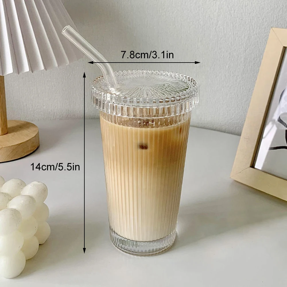 375Ml Simple Stripe Glass Cup With Lid and Straw Transparent Bubble Tea Cup Juice Glass Beer Can Milk Mocha Cups Breakfast Mug image 6