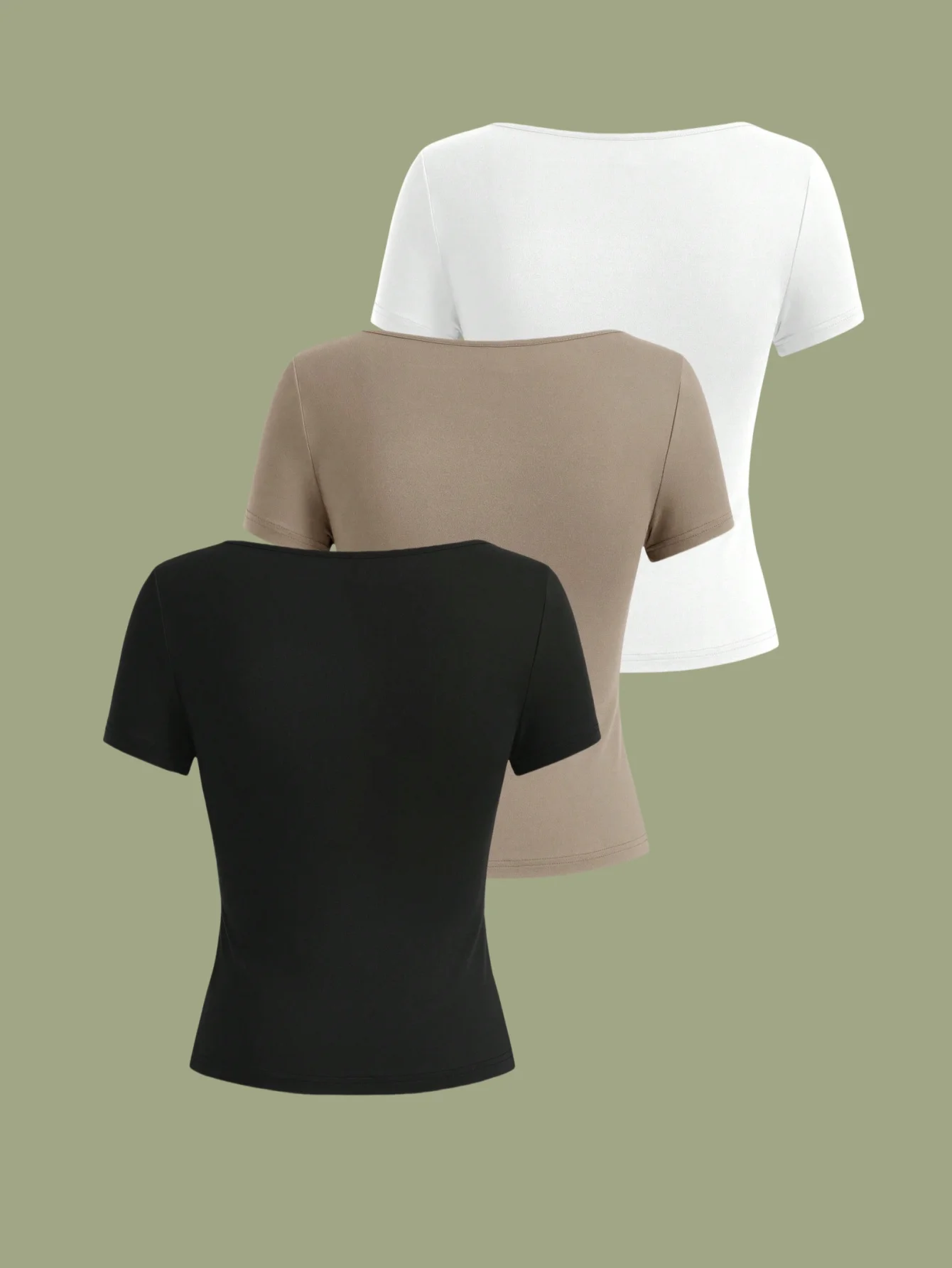 3-Piece Women's Pure Color Simple and Elegant Square Collar Short-Sleeved Slim Knitted High-Elastic Top T-Shirt