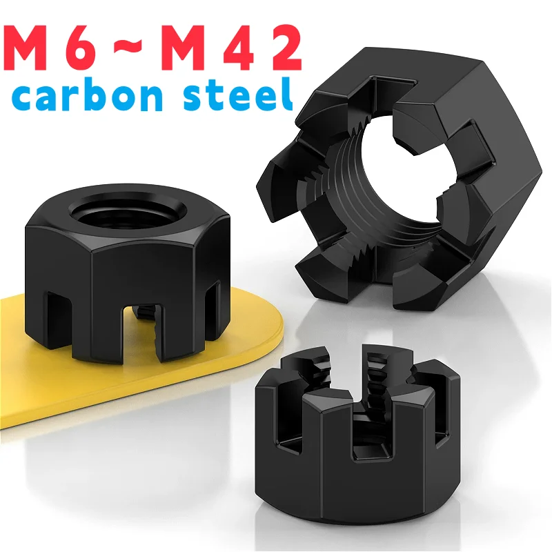

black M6 M8 M10 M12 M14 M16 M18 M20 M22 M24 M27~M42 slotted nut hex slotted nut slotted hex nuts coarse fine thread carbon steel