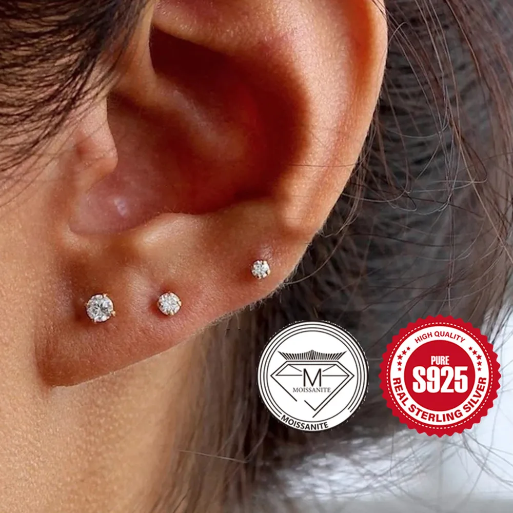 AIDE 925 Sterling Silver Classic Four Claw Moissanite For Women 1pc 2/2.5/3mm Exquisite Luxury Mini Stud Earring Graduation Gift