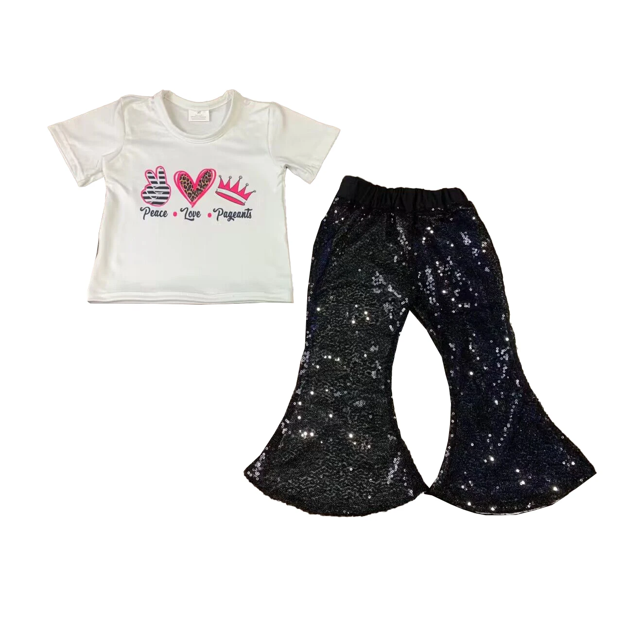 Wholesale Girls Peace Love Pageant Clothing  Short Sleeves Black Sequins Bell Bottom Pants Outfits