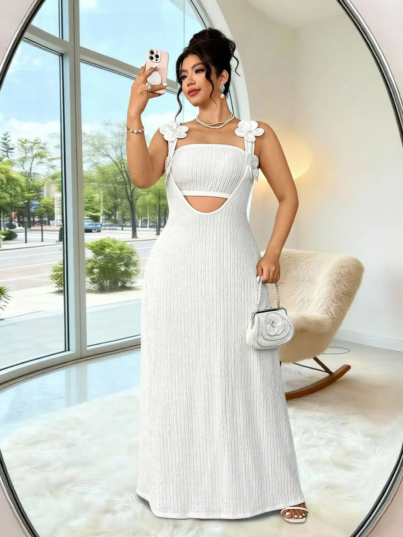 White Pleated Textured Knit Maxi Dress With 3D Floral Shoulder Straps And Hollow Out Detail