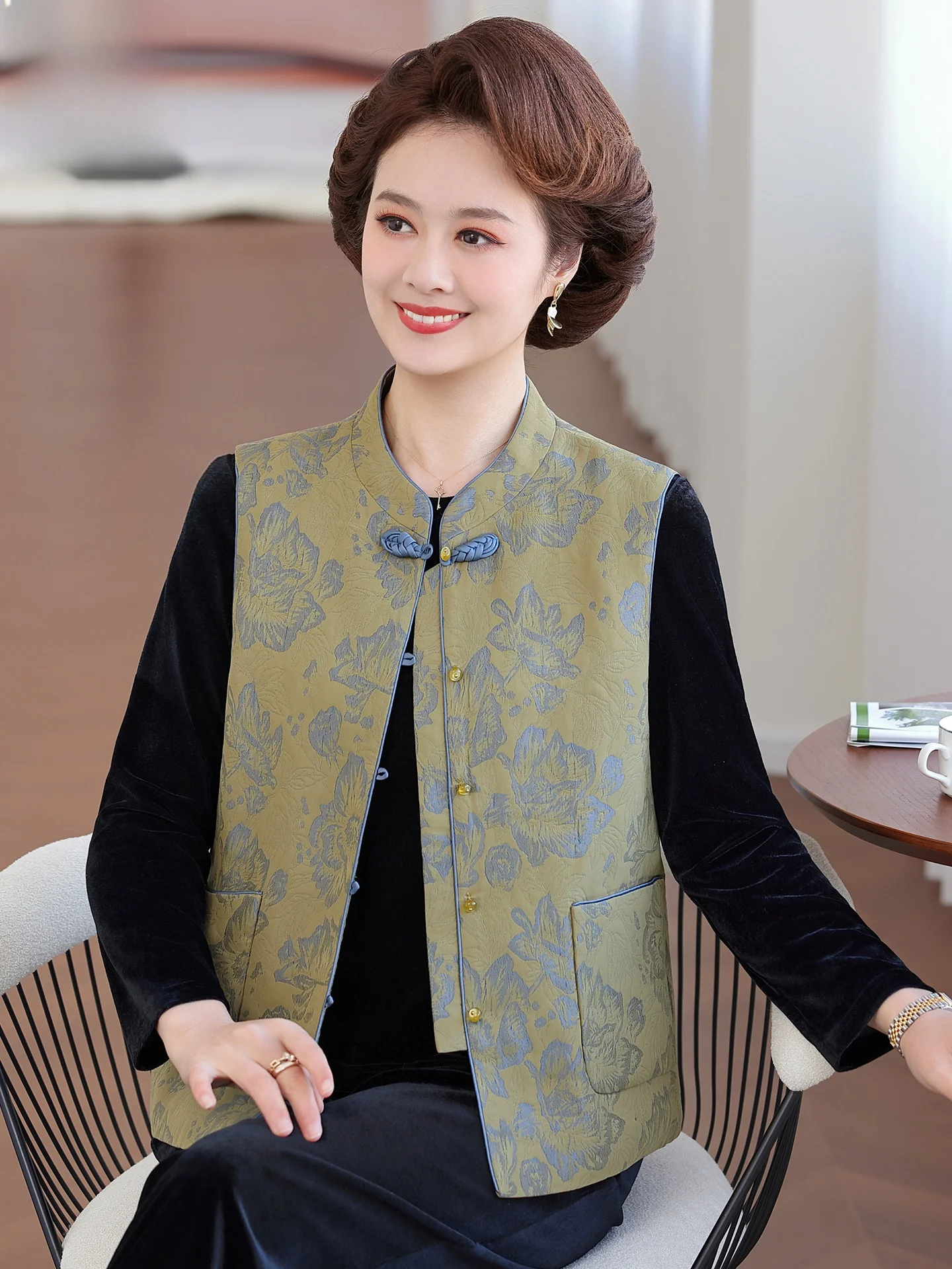 

Rn Chic Mom Spring Faion Vest Middle-aged Print round Ne Svel Open Cardigan Women's Spring Clothing Top