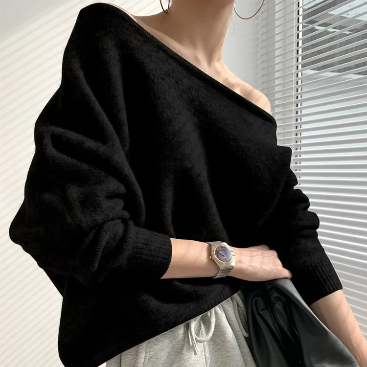 Chic Design Knitted Sweater Women's Loose Shoulder Bared One-Shoulder Unusual Loose Lazy Style Top Korean Style Cashmere