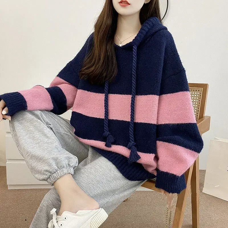 2026 Autumn Winter Women's Lazy Style Hooded Pullover Striped Knit Sweater Loose Korean Simple Sweatshirt