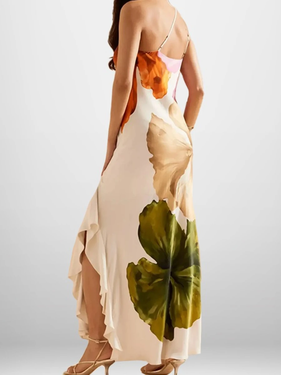 TWOTWINSTYLE Sexy Boho Printing Dress for Women Diagonal Collar Slimming Spliced Ruffles Edge Midi Dresses Female Fashion Style