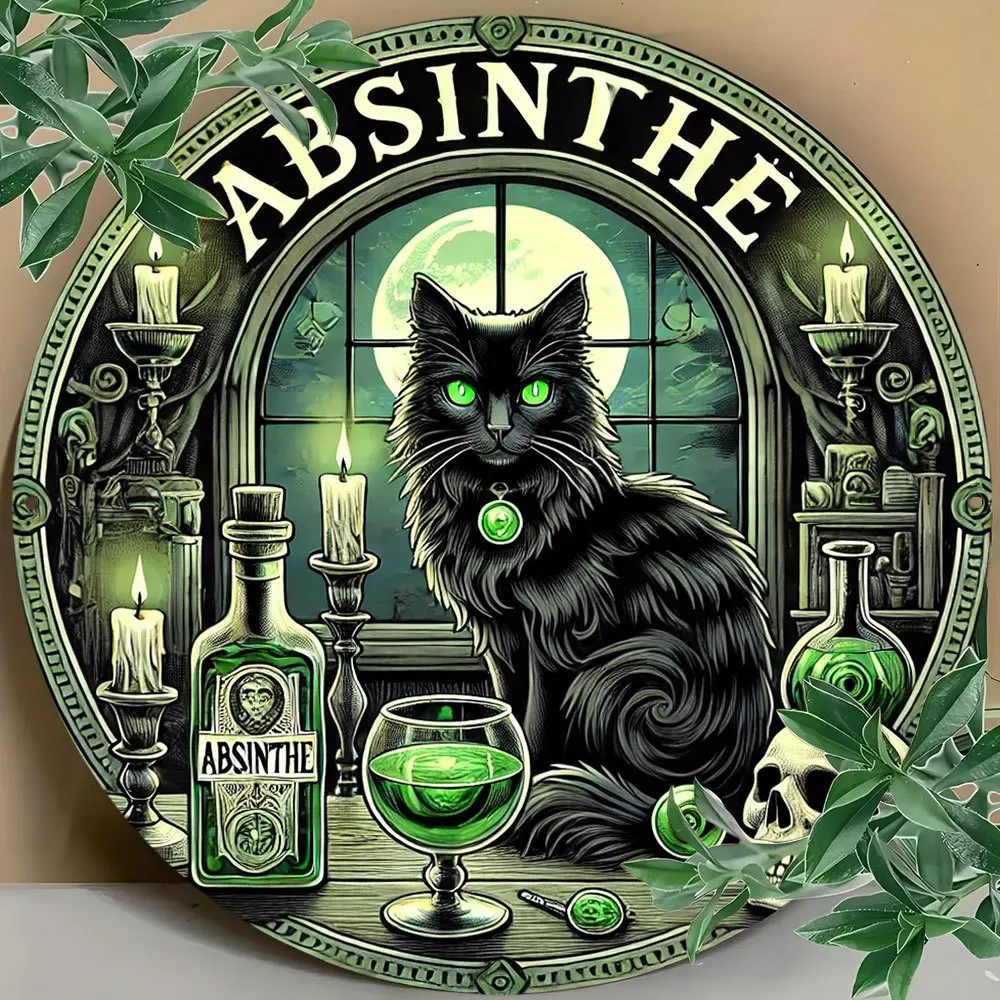 2D Flat, [2D Flat] 1pc 2D Flat Print 20x20cm Metal Sign Room Decor 1pc Vintage Art Absinthe Black Cat Brewery Metal Round Sign,