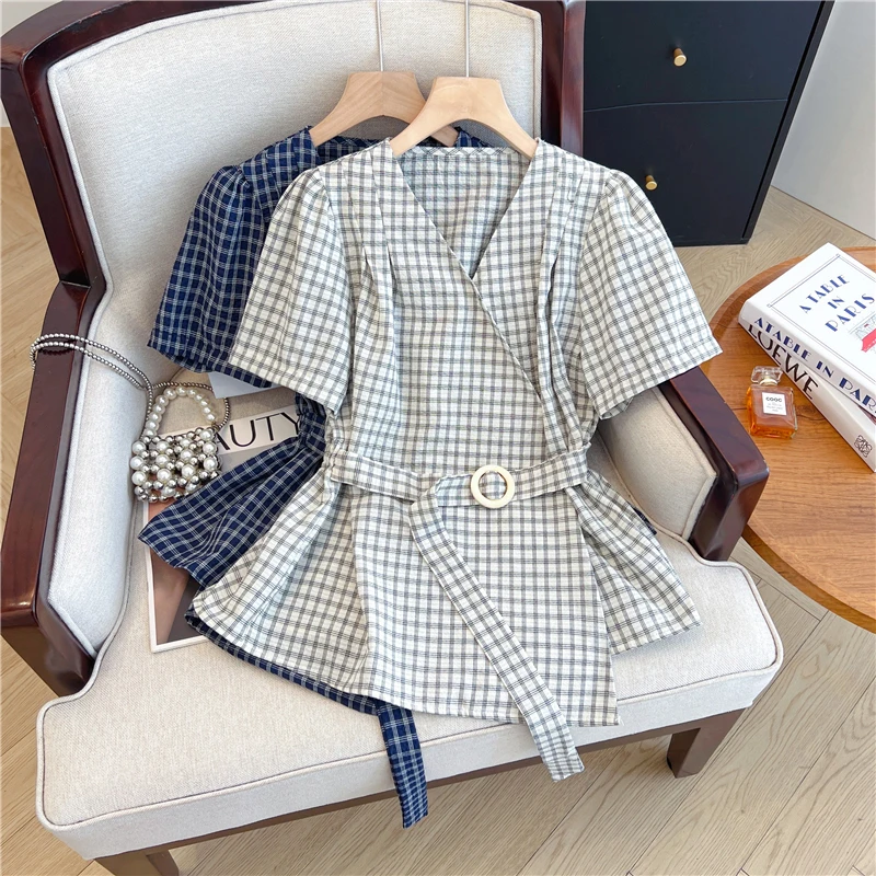Chic Plaid Shirt Women Summer Harajuku Fashion V Neck Short Sleeve Top Korean Sweet Slim All Match Female Casual Blouse New