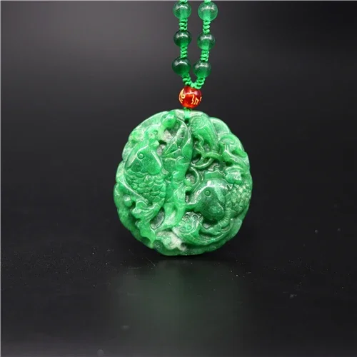 

Natural Green A Emerald Jade Fish Lotus Pendant Necklace Jadeite Jewellery Double-sided Carved Amulet Fashion Gifts for Women