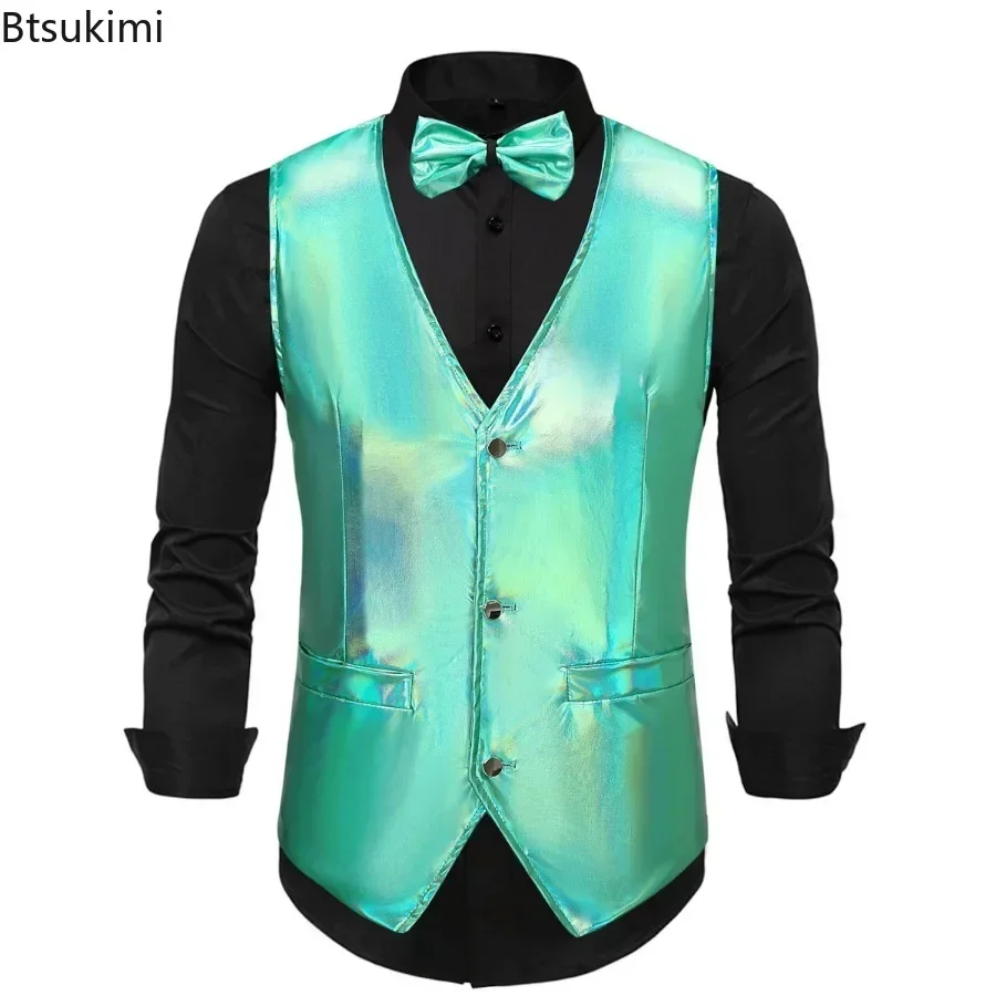 New 2026 Men's Shiny Vest Top Slim Fit Solid Casual Stage Performance Party Tank Tops Fashion Disco Nightclub Tops Vest for Men