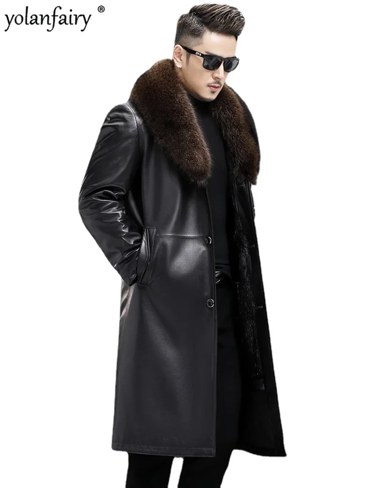 Top Layer Cowhide Natural Leather Jacket Men Whole Mink Real Fur Liner Parkas Men's Long Fur Jackets and Coats Male Clothing FCY