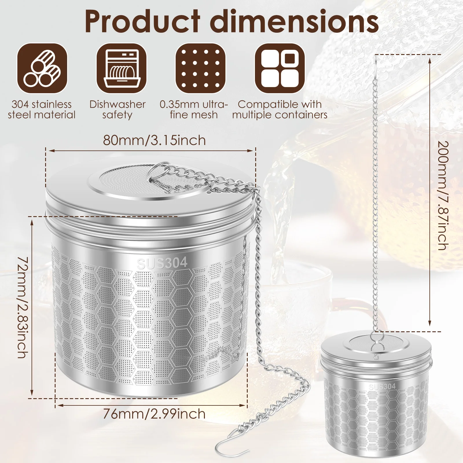 304 Stainless Steel Tea Strainer Leaf Spice Herbal Tea Infuser with Chain and S Hook Spice Infuser Strainer for Home and Office
