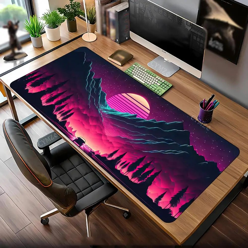 

Фэнтезийный дизайн неонового луны и спортивного автомобиля Коврик для мыши Настольный коврик Игровой коврик Нескользящие аксессуары для ПК с прошитыми краями Коврики для мыши 30X80CM