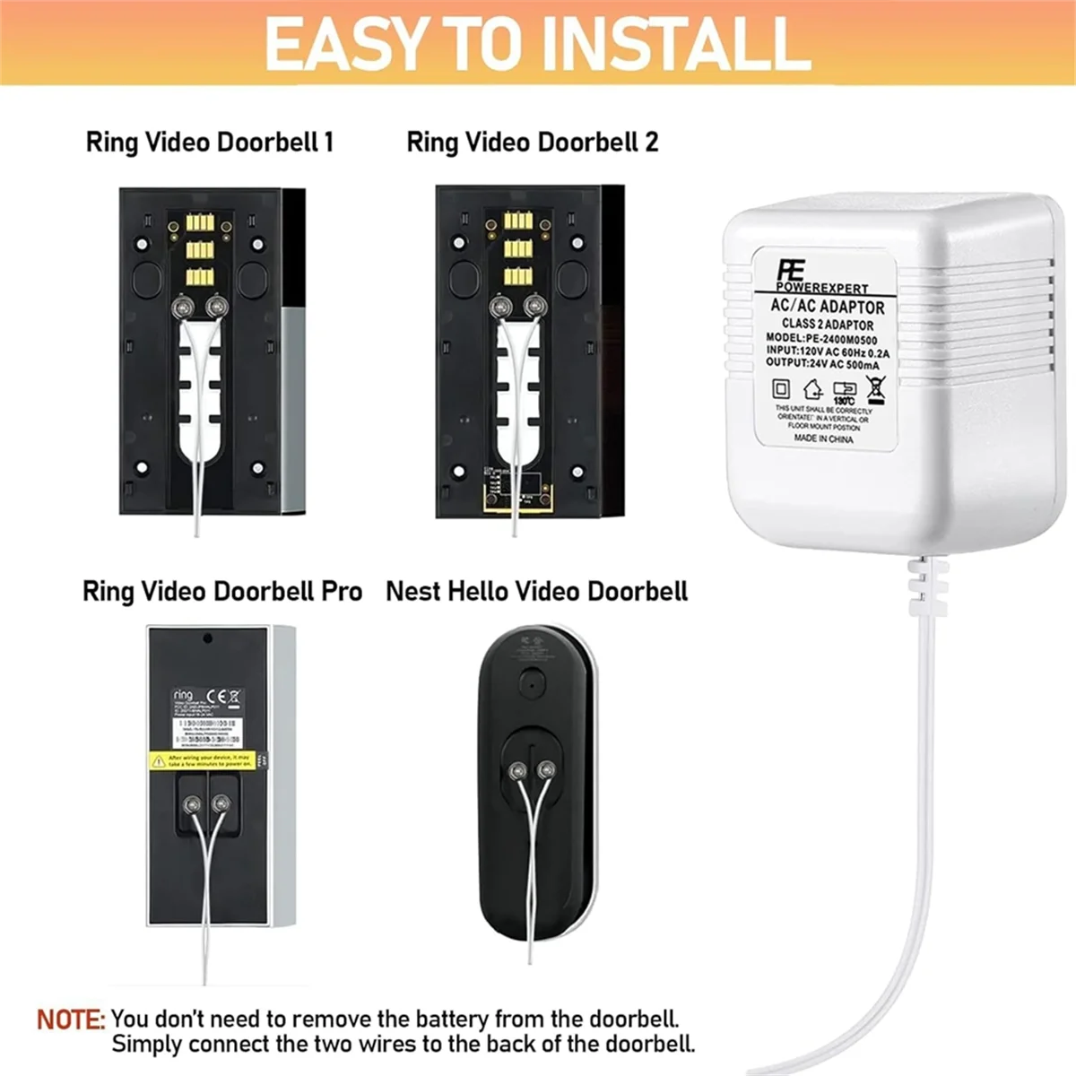 AA98 도어벨 트랜스포머 24V 어댑터 (링 비디오 도어벨용), 16.4피트 길이 C형 전선 전원 공급 장치, 대부분의 비디오 도어벨 (미국용)