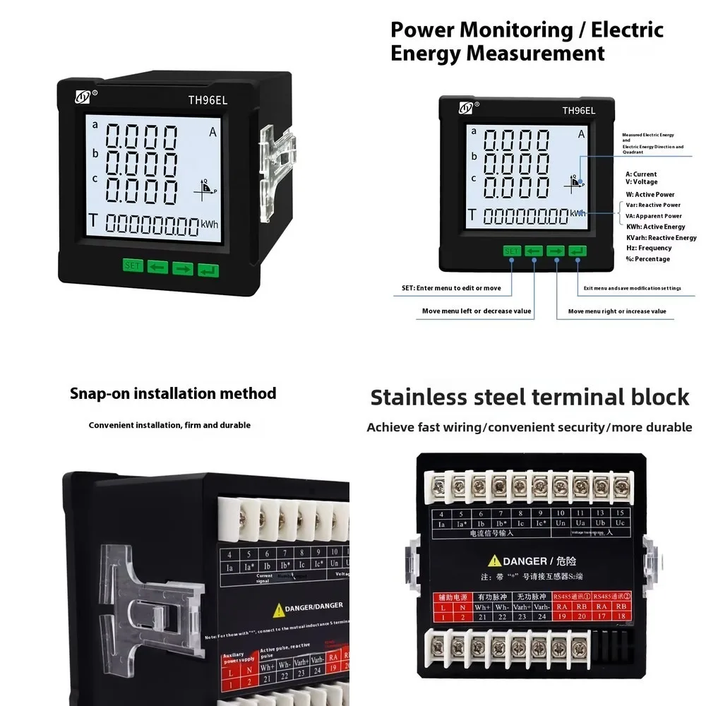 3-Phase Multifunction Power Meter with Active/Reactive Energy, Current, Voltage Display & RS485 Communication