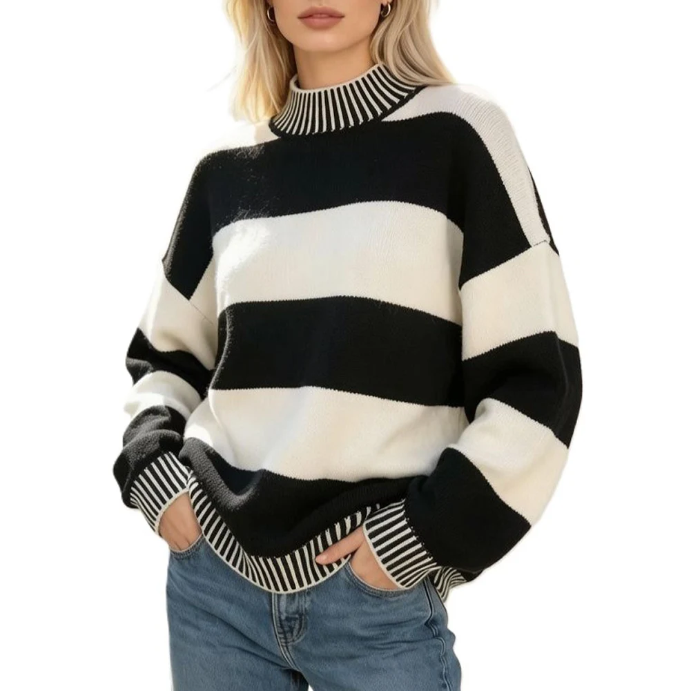 Loose Knit Pullover Sweater for Women with Color Block and For Stripe Design Round Neck Casual for All Seasons