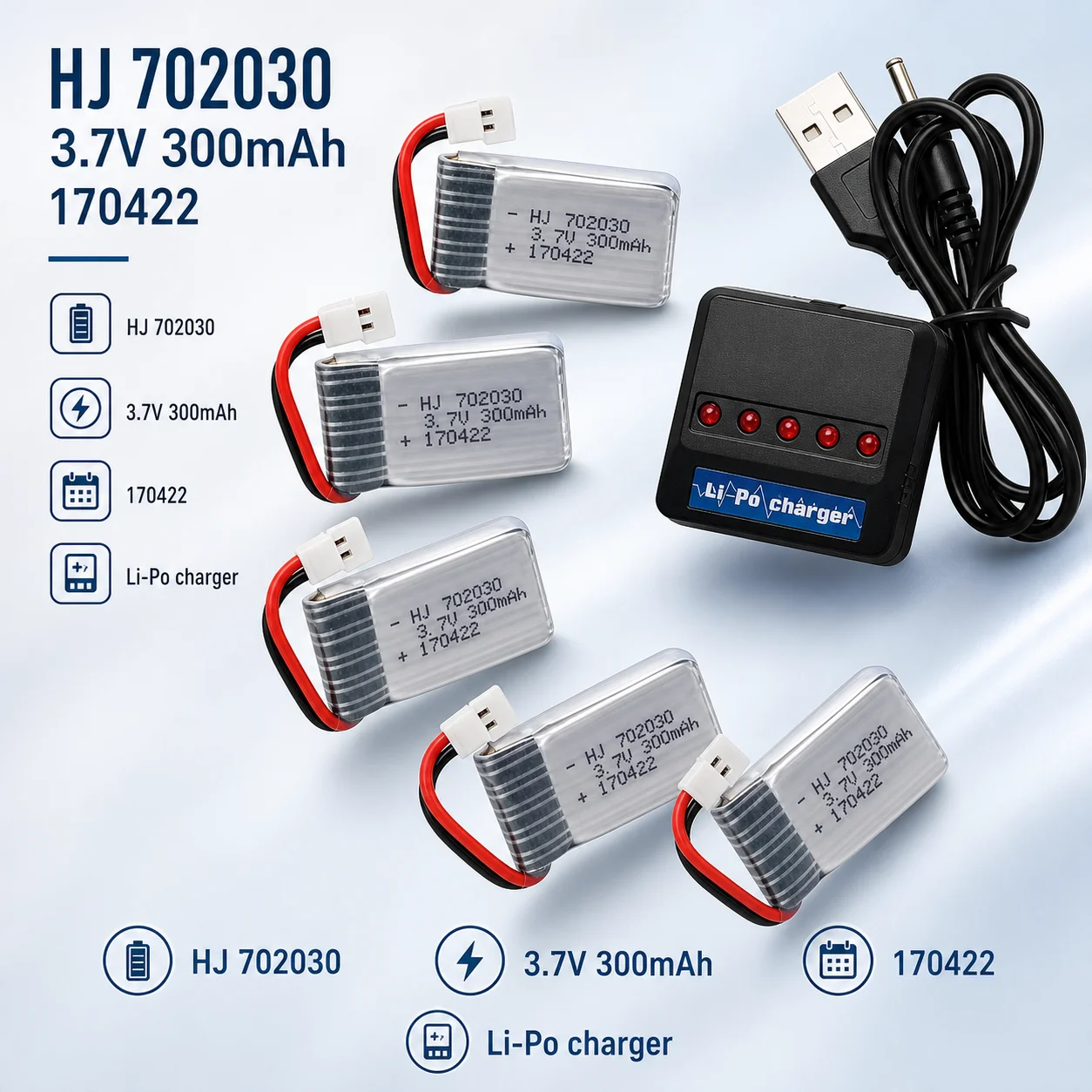 Rechargeable LiPo Battery 3.7V 300mAh With Charger for RC Drone Udi U816 U830 F180 E55 FQ777 FQ17W H107 X1C OverchargeProtection