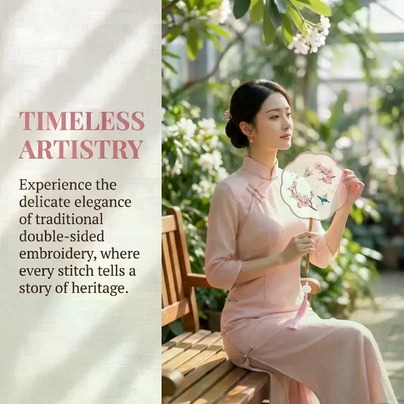 Elegant Double Sided Hand Fan Hanfu Vintage Flower Embroidery for Traditional Dance Party Scenes