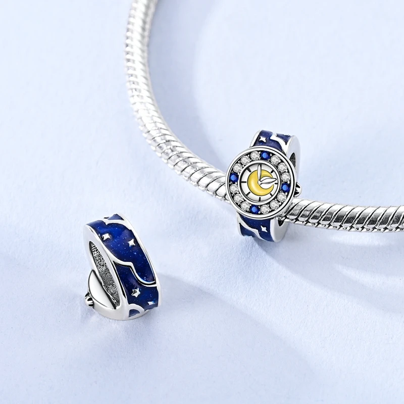

925 Sterling Silver Star Moon Watch Charms Beads For Women Fit Original Bracelet DIY Birthday Party Jewelry Gifts