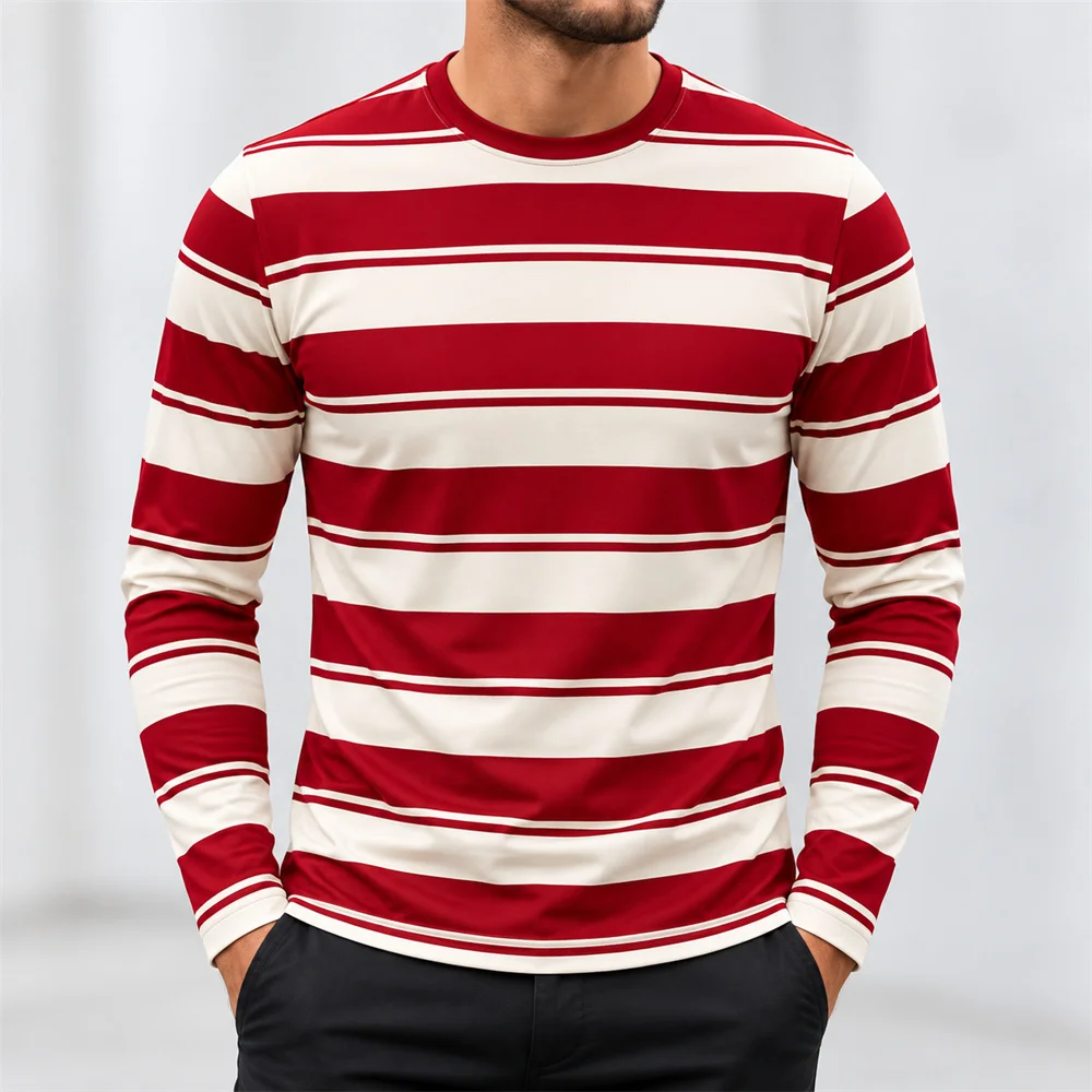 Classic Striped Long Sleeve T Shirt for Men Horizontal Stripe Print Crew Neck Casual Top Simple Everyday Style Autumn Clothing
