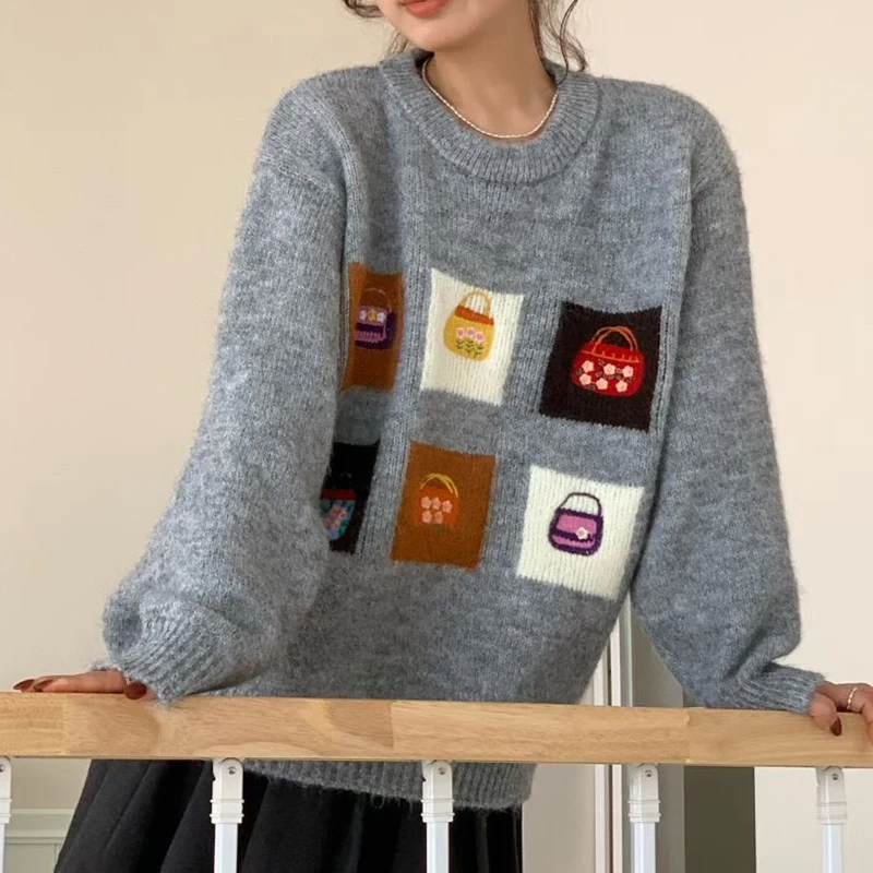 

2026 свитер трапециевидной формы, женская одежда, вязаные топы с длинными рукавами и вышивкой, корейские модные свободные повседневные пуловеры с круглым вырезом, женские