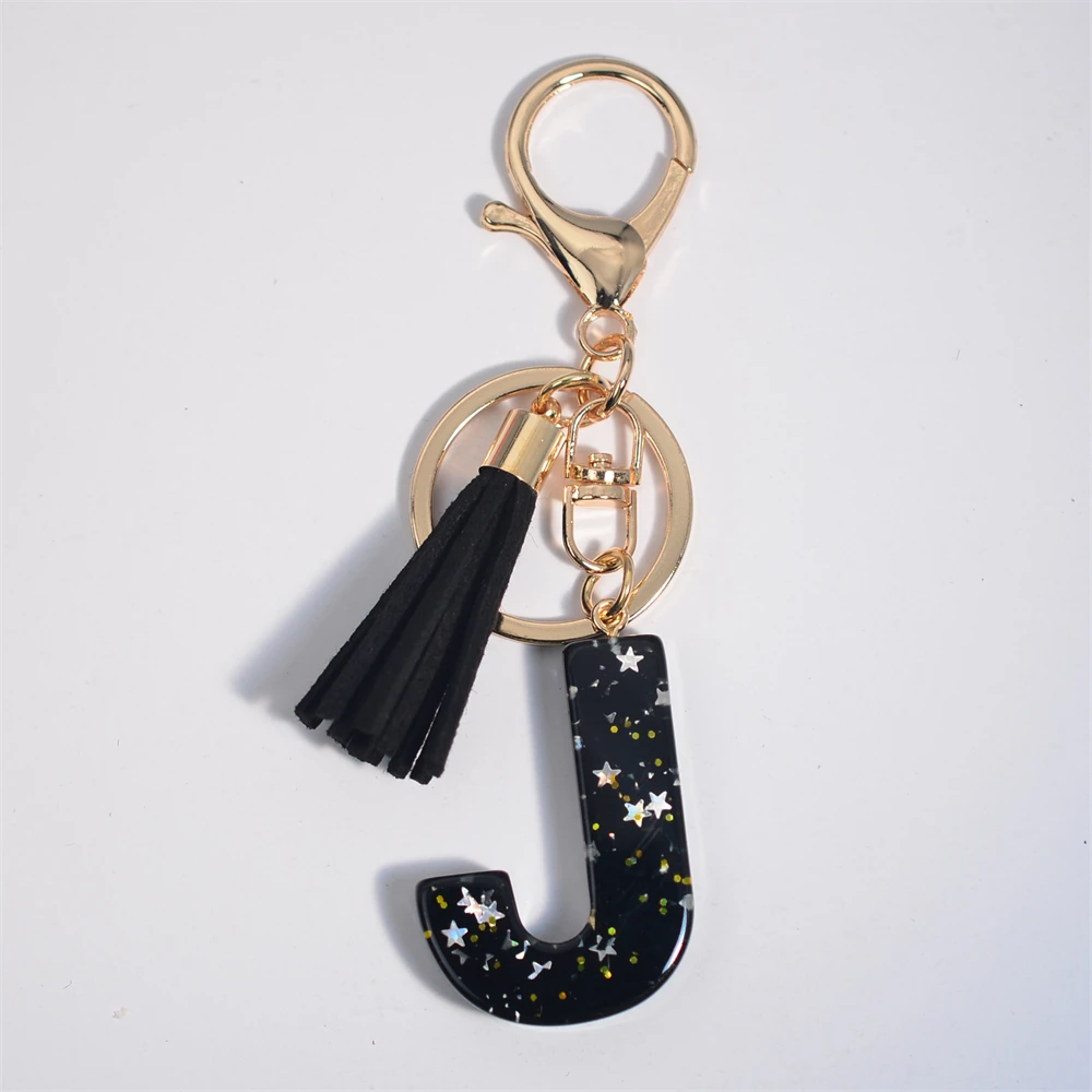 Black Initials A-Z Keychain Glitter Star Sequins Resin Letters Keyring With Tassel For Women Bag Ornaments Charm Car Key Holder